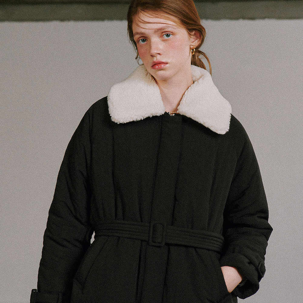 RONRON RAGLAN BELTED PADDING COAT BLACK | WY Store